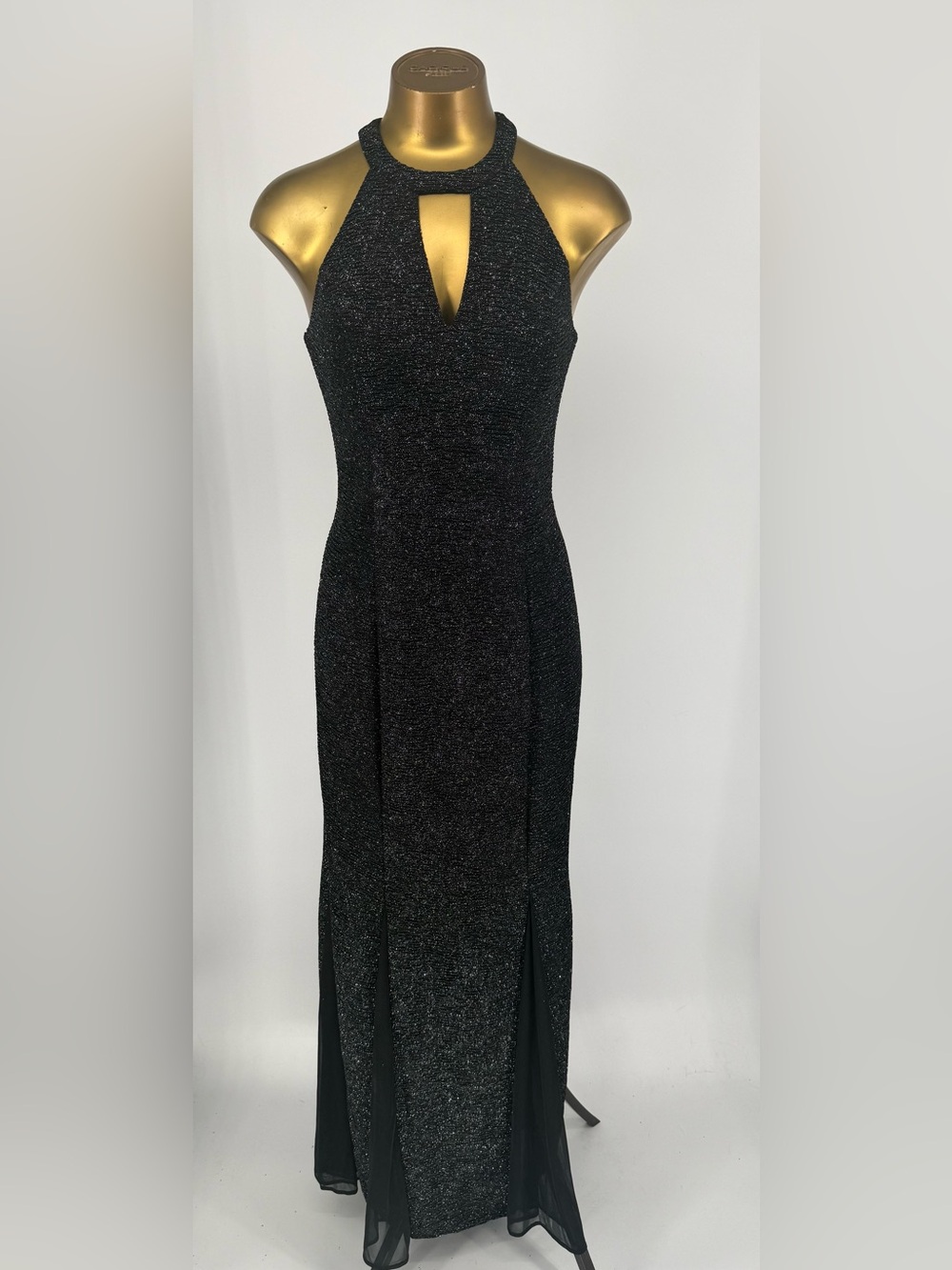 Night Way Black Silver Sparkle Halter Maxi Gown Keyhole Open Back Size 4